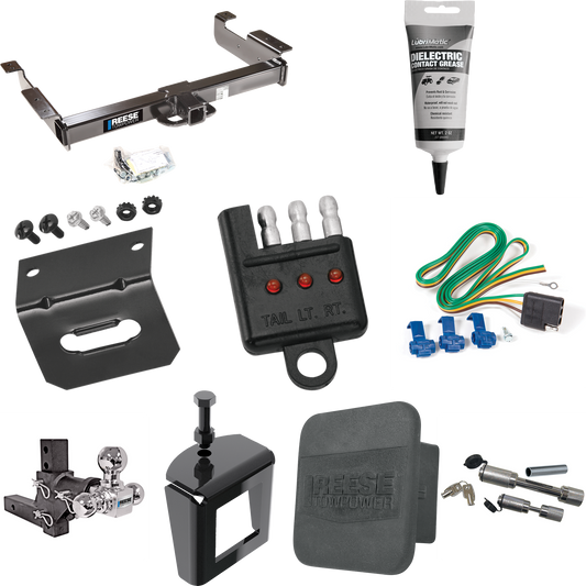 Fits 1996-1999 Chevrolet Express 3500 Trailer Hitch Tow PKG w/ 4-Flat Wiring Harness + Adjustable Drop Rise Triple Ball Ball Mount 1-7/8" & 2" & 2-5/16" Trailer Balls + Dual Hitch & Coupler Locks + Hitch Cover + Wiring Bracket + Wiring Tester + Elect