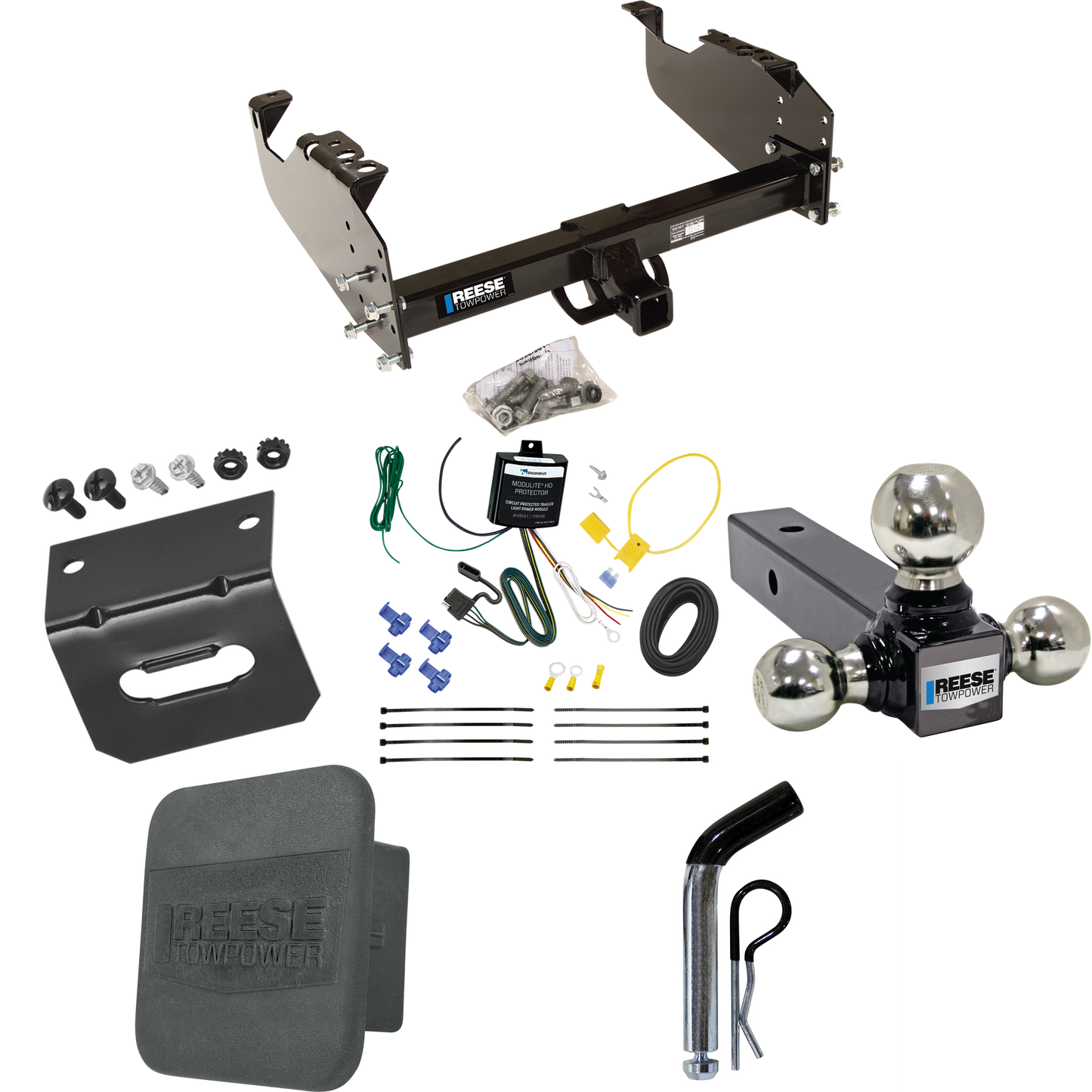 Fits 2007-2023 GMC Sierra 3500 HD Trailer Hitch Tow PKG w/ 4-Flat Wiring Harness + Triple Ball Ball Mount 1-7/8" & 2" & 2-5/16" Trailer Balls + Pin/Clip + Hitch Cover + Wiring Bracket (For Cab & Chassis, w/34" Wide Frames Models) By Reese Towpower