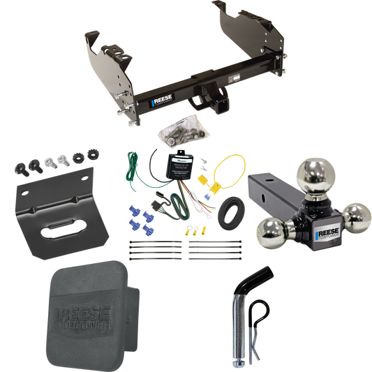 Fits 2007-2023 GMC Sierra 3500 HD Trailer Hitch Tow PKG w/ 4-Flat Wiring Harness + Triple Ball Ball Mount 1-7/8" & 2" & 2-5/16" Trailer Balls + Pin/Clip + Hitch Cover + Wiring Bracket (For Cab & Chassis, w/34" Wide Frames Models) By Reese Towpower