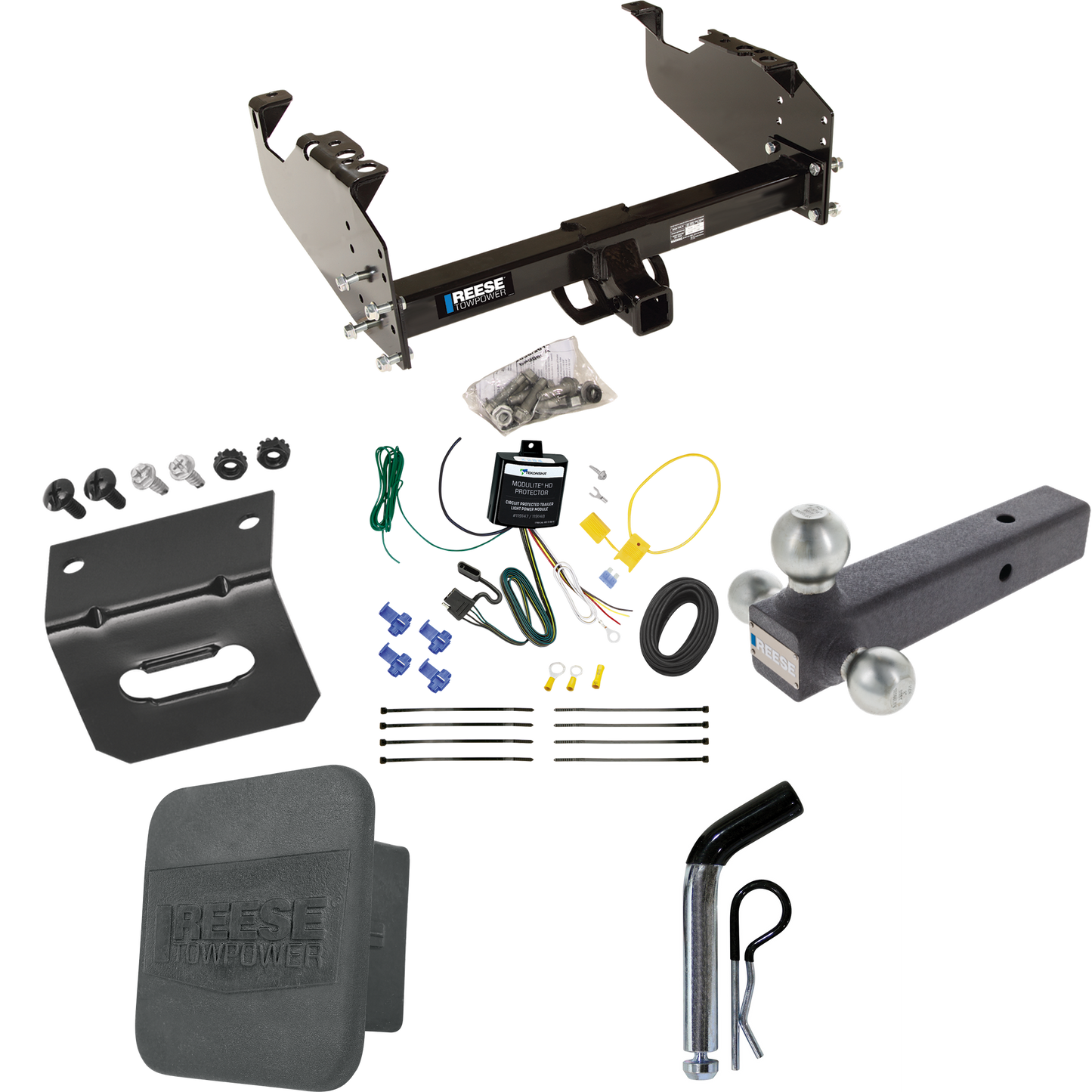 Fits 2007-2023 GMC Sierra 3500 HD Trailer Hitch Tow PKG w/ 4-Flat Wiring Harness + Triple Ball Ball Mount 1-7/8" & 2" & 2-5/16" Trailer Balls + Pin/Clip + Hitch Cover + Wiring Bracket (For Cab & Chassis, w/34" Wide Frames Models) By Reese Towpower