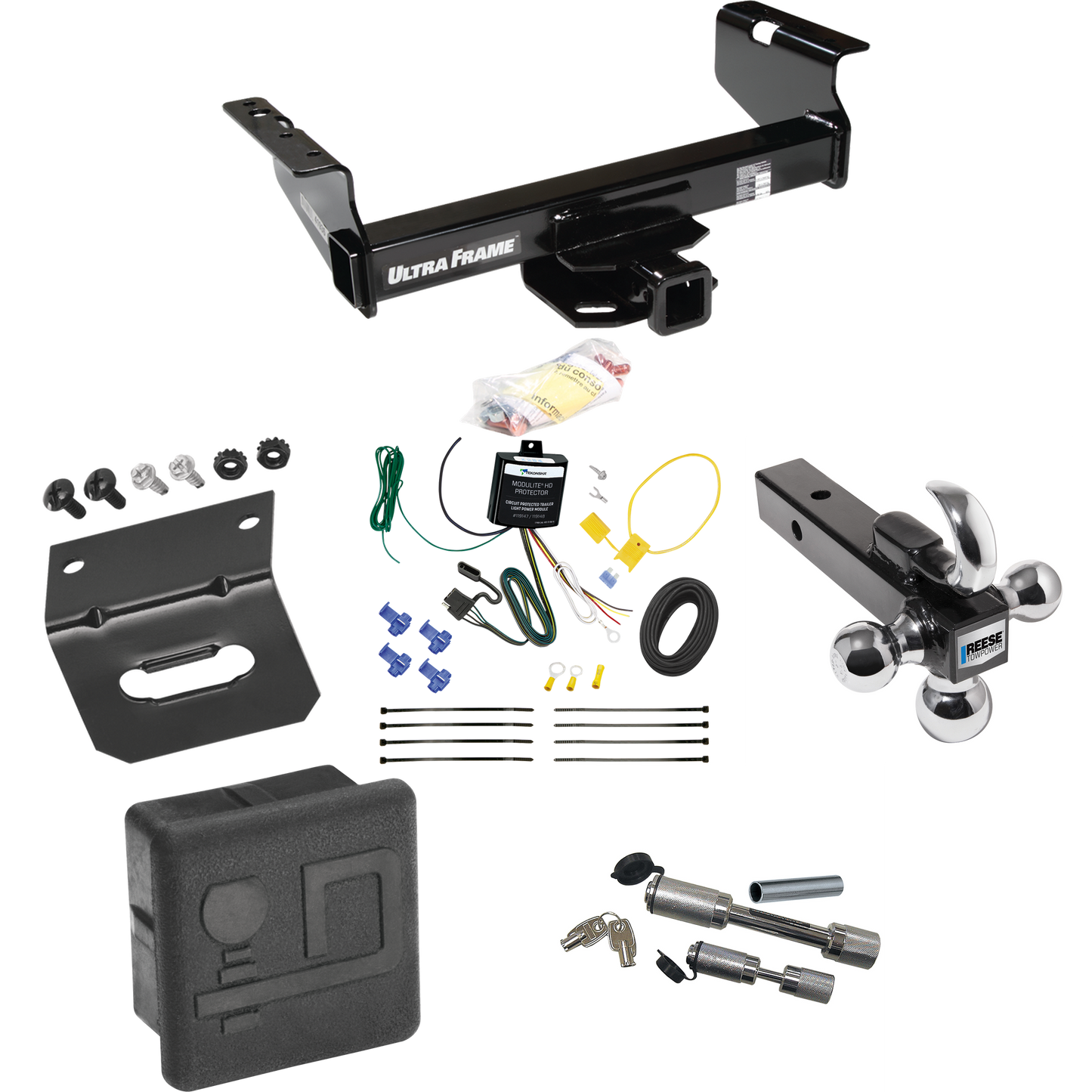 Fits 2007-2024 GMC Sierra 3500 HD Trailer Hitch Tow PKG w/ 4-Flat Wiring Harness + Triple Ball Ball Mount 1-7/8" & 2" & 2-5/16" Trailer Balls w/ Tow Hook + Dual Hitch & Coupler Locks + Hitch Cover + Wiring Bracket (For Cab & Chassis, w/34" Wide Frame