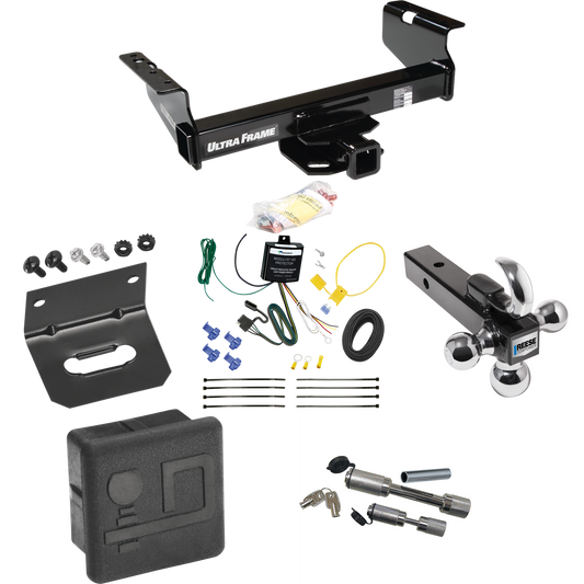 Fits 2007-2024 GMC Sierra 3500 HD Trailer Hitch Tow PKG w/ 4-Flat Wiring Harness + Triple Ball Ball Mount 1-7/8" & 2" & 2-5/16" Trailer Balls w/ Tow Hook + Dual Hitch & Coupler Locks + Hitch Cover + Wiring Bracket (For Cab & Chassis, w/34" Wide Frame