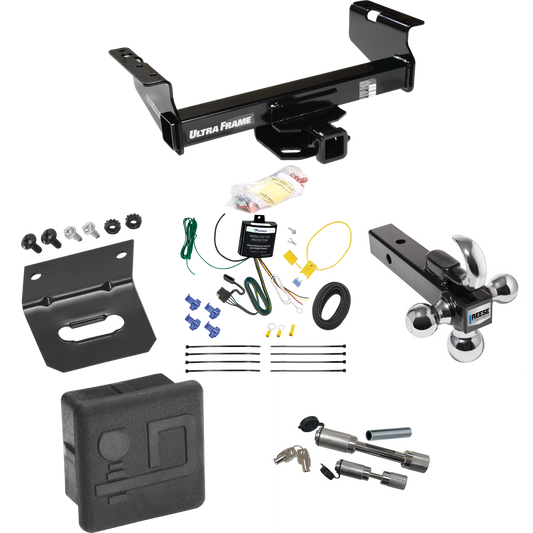 Fits 2001-2007 Chevrolet Silverado 3500 Trailer Hitch Tow PKG w/ 4-Flat Wiring Harness + Triple Ball Ball Mount 1-7/8" & 2" & 2-5/16" Trailer Balls w/ Tow Hook + Dual Hitch & Coupler Locks + Hitch Cover + Wiring Bracket (For (Classic), Cab & Chassis,