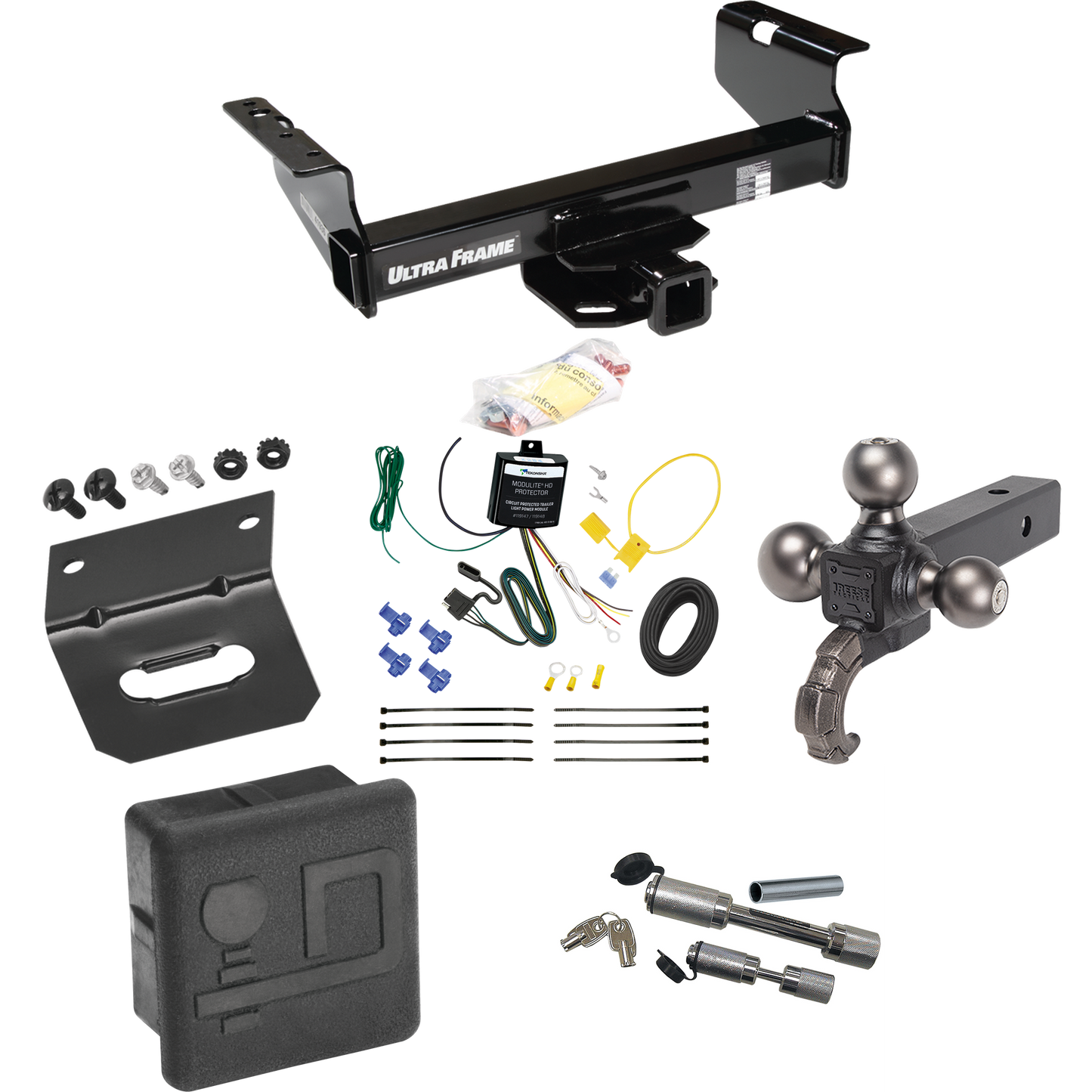 Fits 2007-2024 GMC Sierra 3500 HD Trailer Hitch Tow PKG w/ 4-Flat Wiring Harness + Triple Ball Ball Mount 1-7/8" & 2" & 2-5/16" Trailer Balls w/ Tow Hook + Dual Hitch & Coupler Locks + Hitch Cover + Wiring Bracket (For Cab & Chassis, w/34" Wide Frame