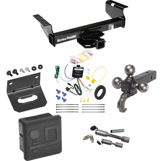 Fits 2007-2024 GMC Sierra 3500 HD Trailer Hitch Tow PKG w/ 4-Flat Wiring Harness + Triple Ball Ball Mount 1-7/8" & 2" & 2-5/16" Trailer Balls w/ Tow Hook + Dual Hitch & Coupler Locks + Hitch Cover + Wiring Bracket (For Cab & Chassis, w/34" Wide Frame