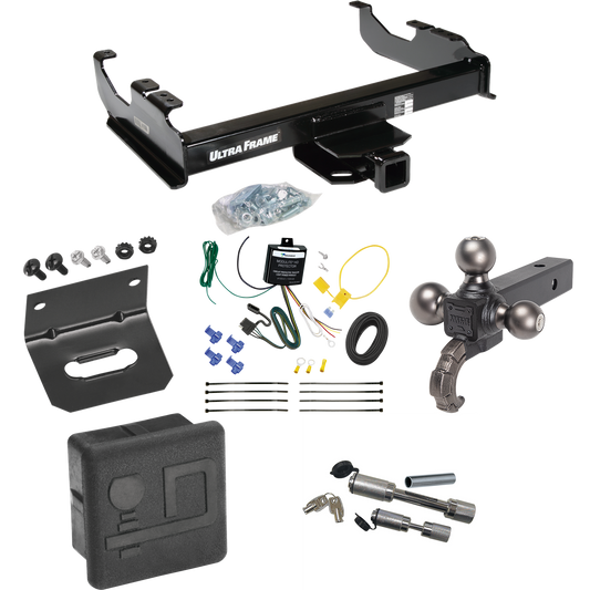 Fits 2007-2023 GMC Sierra 3500 HD Trailer Hitch Tow PKG w/ 4-Flat Wiring Harness + Triple Ball Ball Mount 1-7/8" & 2" & 2-5/16" Trailer Balls w/ Tow Hook + Dual Hitch & Coupler Locks + Hitch Cover + Wiring Bracket (For Cab & Chassis, w/34" Wide Frame