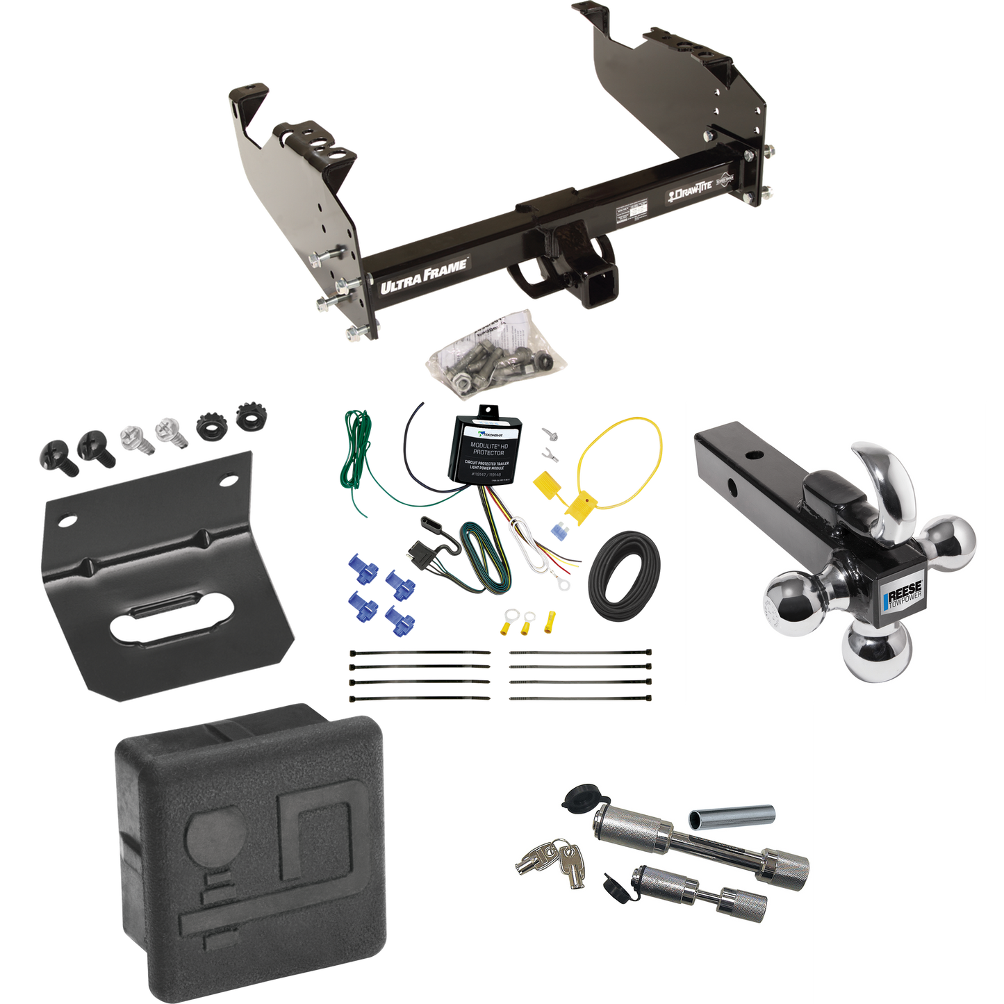 Fits 2007-2024 GMC Sierra 3500 HD Trailer Hitch Tow PKG w/ 4-Flat Wiring Harness + Triple Ball Ball Mount 1-7/8" & 2" & 2-5/16" Trailer Balls w/ Tow Hook + Dual Hitch & Coupler Locks + Hitch Cover + Wiring Bracket (For Cab & Chassis, w/34" Wide Frame