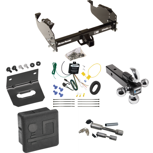 Fits 2007-2024 GMC Sierra 3500 HD Trailer Hitch Tow PKG w/ 4-Flat Wiring Harness + Triple Ball Ball Mount 1-7/8" & 2" & 2-5/16" Trailer Balls w/ Tow Hook + Dual Hitch & Coupler Locks + Hitch Cover + Wiring Bracket (For Cab & Chassis, w/34" Wide Frame