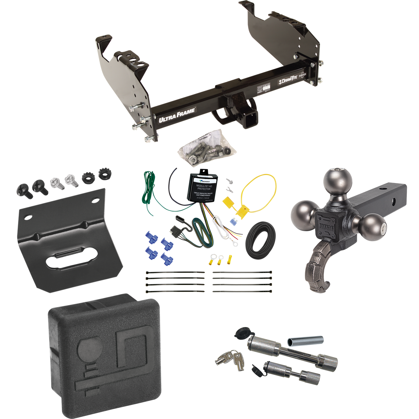 Fits 2007-2024 GMC Sierra 3500 HD Trailer Hitch Tow PKG w/ 4-Flat Wiring Harness + Triple Ball Ball Mount 1-7/8" & 2" & 2-5/16" Trailer Balls w/ Tow Hook + Dual Hitch & Coupler Locks + Hitch Cover + Wiring Bracket (For Cab & Chassis, w/34" Wide Frame