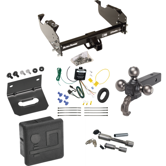 Fits 2007-2024 GMC Sierra 3500 HD Trailer Hitch Tow PKG w/ 4-Flat Wiring Harness + Triple Ball Ball Mount 1-7/8" & 2" & 2-5/16" Trailer Balls w/ Tow Hook + Dual Hitch & Coupler Locks + Hitch Cover + Wiring Bracket (For Cab & Chassis, w/34" Wide Frame