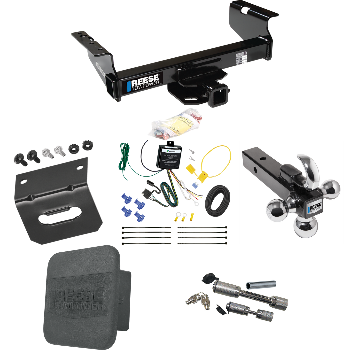 Fits 2007-2023 GMC Sierra 3500 HD Trailer Hitch Tow PKG w/ 4-Flat Wiring Harness + Triple Ball Ball Mount 1-7/8" & 2" & 2-5/16" Trailer Balls w/ Tow Hook + Dual Hitch & Coupler Locks + Hitch Cover + Wiring Bracket (For Cab & Chassis, w/34" Wide Frame