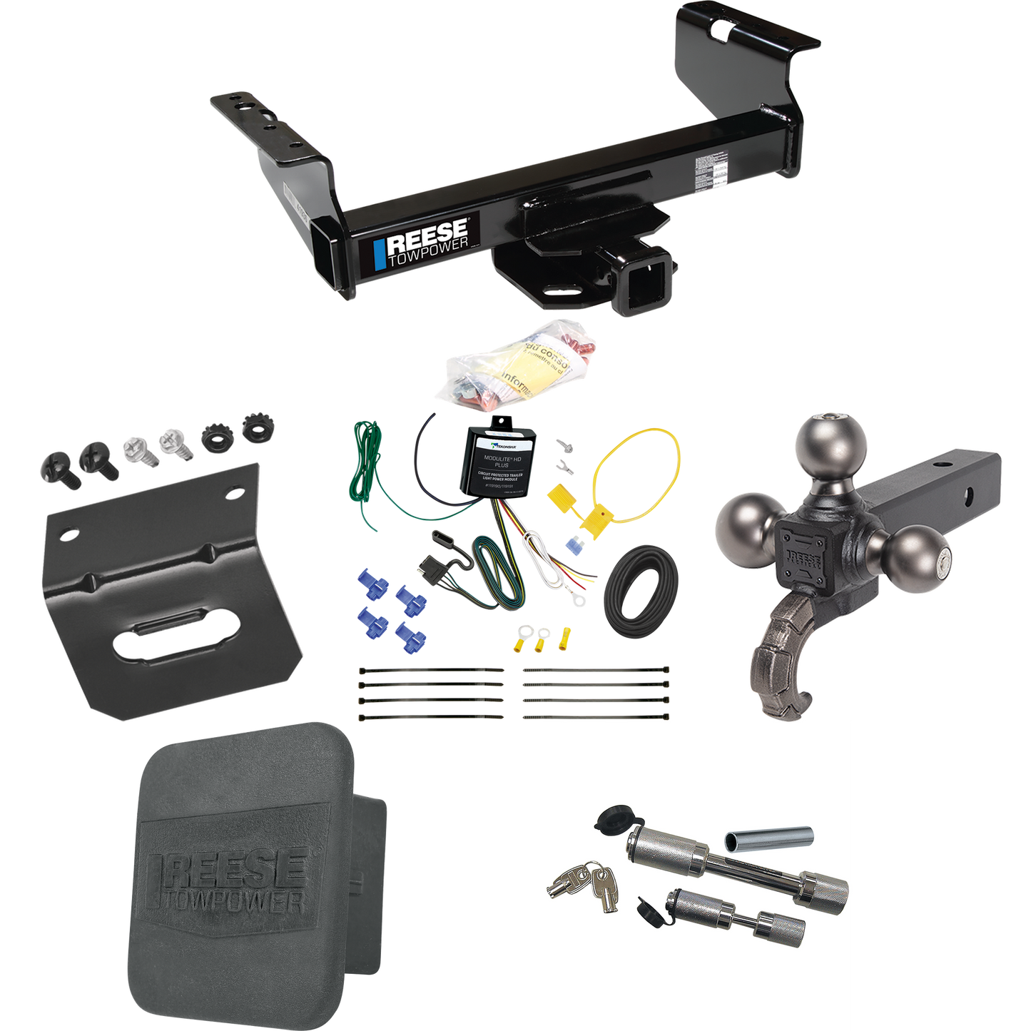 Fits 2007-2023 GMC Sierra 3500 HD Trailer Hitch Tow PKG w/ 4-Flat Wiring Harness + Triple Ball Ball Mount 1-7/8" & 2" & 2-5/16" Trailer Balls w/ Tow Hook + Dual Hitch & Coupler Locks + Hitch Cover + Wiring Bracket (For Cab & Chassis, w/34" Wide Frame