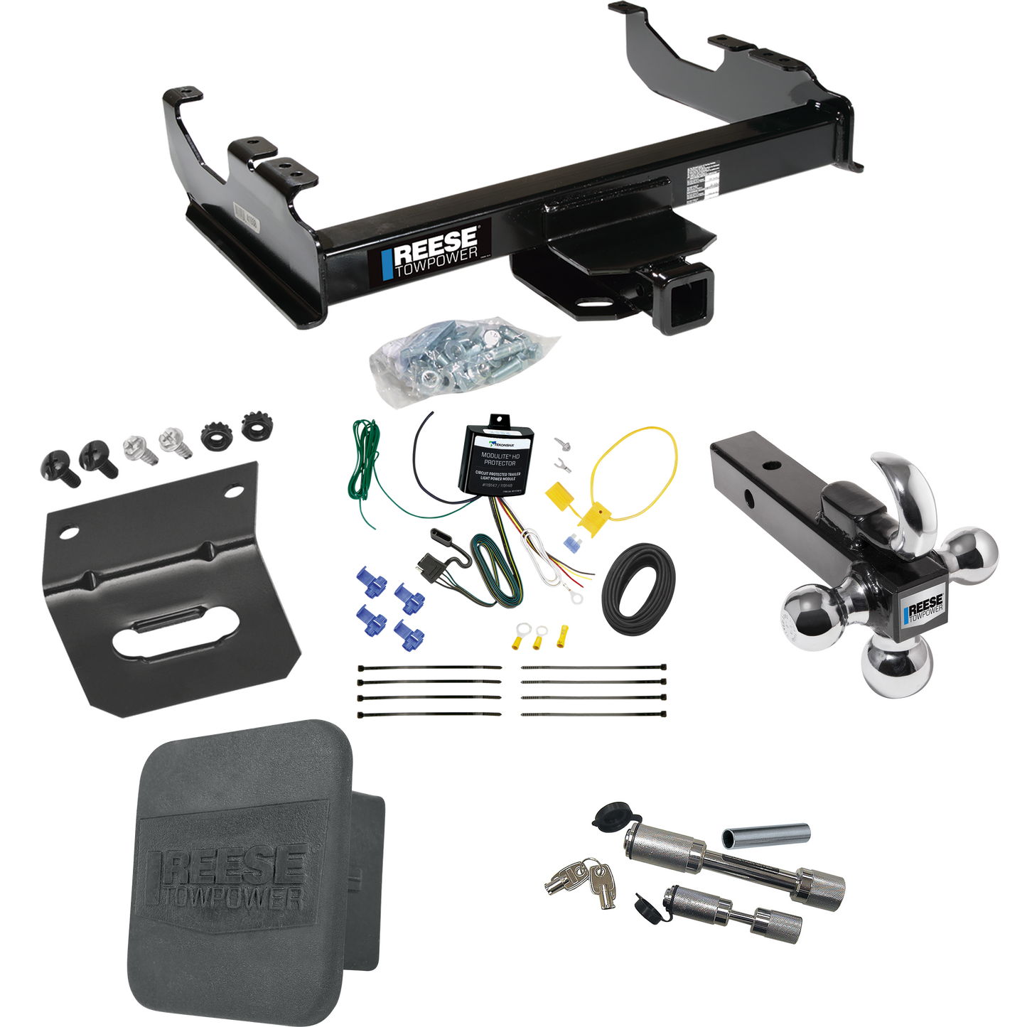 Fits 2007-2023 GMC Sierra 3500 HD Trailer Hitch Tow PKG w/ 4-Flat Wiring Harness + Triple Ball Ball Mount 1-7/8" & 2" & 2-5/16" Trailer Balls w/ Tow Hook + Dual Hitch & Coupler Locks + Hitch Cover + Wiring Bracket (For Cab & Chassis, w/34" Wide Frame