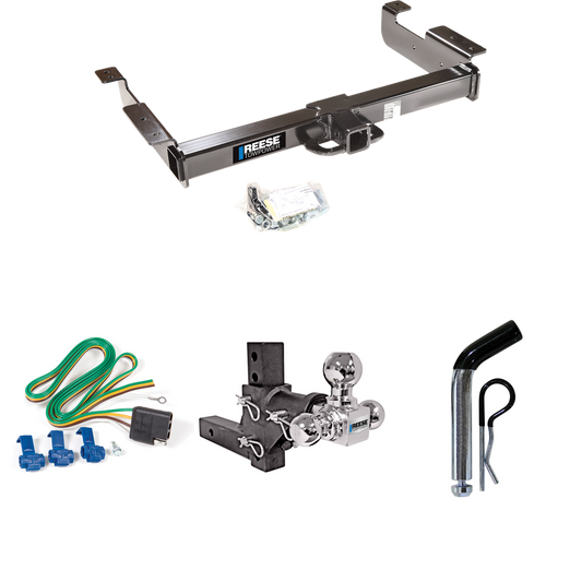 Fits 1996-1999 GMC Savana 3500 Trailer Hitch Tow PKG w/ 4-Flat Wiring Harness + Adjustable Drop Rise Triple Ball Ball Mount 1-7/8" & 2" & 2-5/16" Trailer Balls + Pin/Clip By Reese Towpower