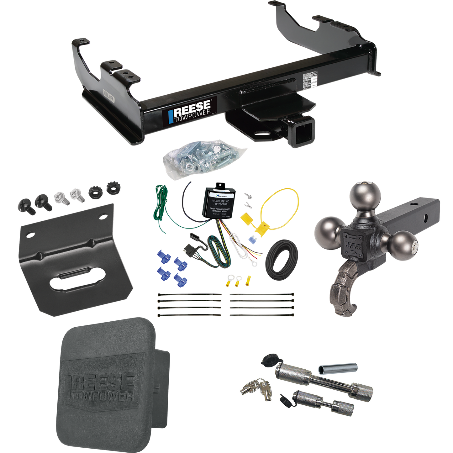 Fits 2007-2023 GMC Sierra 3500 HD Trailer Hitch Tow PKG w/ 4-Flat Wiring Harness + Triple Ball Ball Mount 1-7/8" & 2" & 2-5/16" Trailer Balls w/ Tow Hook + Dual Hitch & Coupler Locks + Hitch Cover + Wiring Bracket (For Cab & Chassis, w/34" Wide Frame