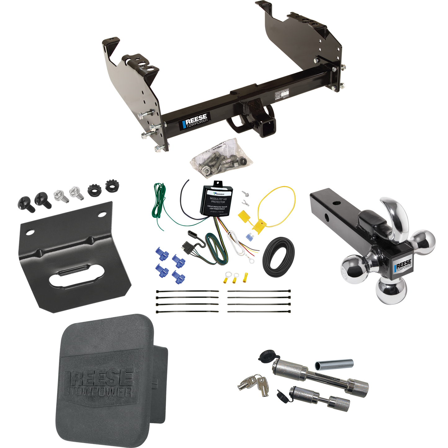 Fits 2007-2023 GMC Sierra 3500 HD Trailer Hitch Tow PKG w/ 4-Flat Wiring Harness + Triple Ball Ball Mount 1-7/8" & 2" & 2-5/16" Trailer Balls w/ Tow Hook + Dual Hitch & Coupler Locks + Hitch Cover + Wiring Bracket (For Cab & Chassis, w/34" Wide Frame