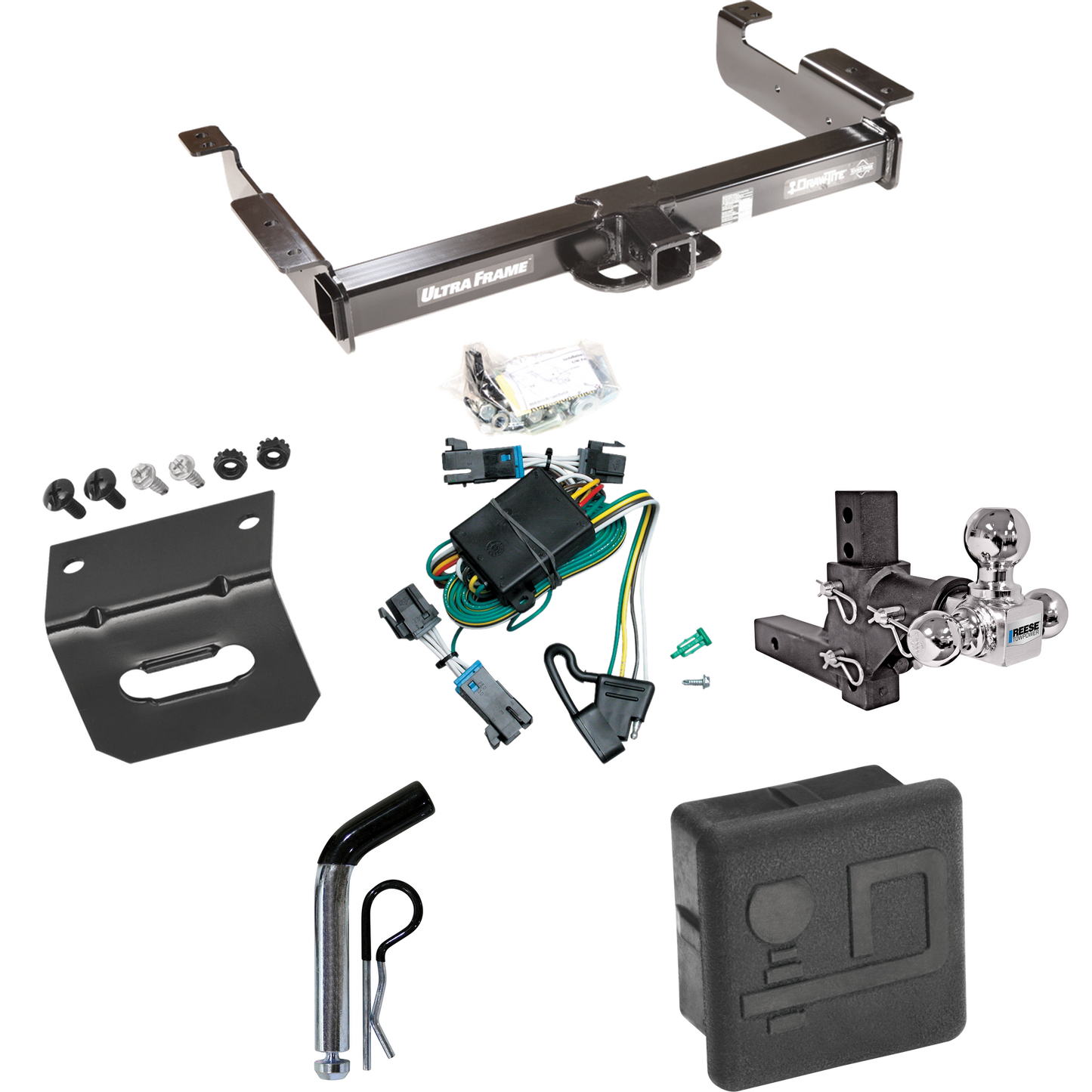 Fits 2000-2002 Chevrolet Express 3500 Trailer Hitch Tow PKG w/ 4-Flat Wiring Harness + Adjustable Drop Rise Triple Ball Ball Mount 1-7/8" & 2" & 2-5/16" Trailer Balls + Pin/Clip + Hitch Cover + Wiring Bracket By Draw-Tite