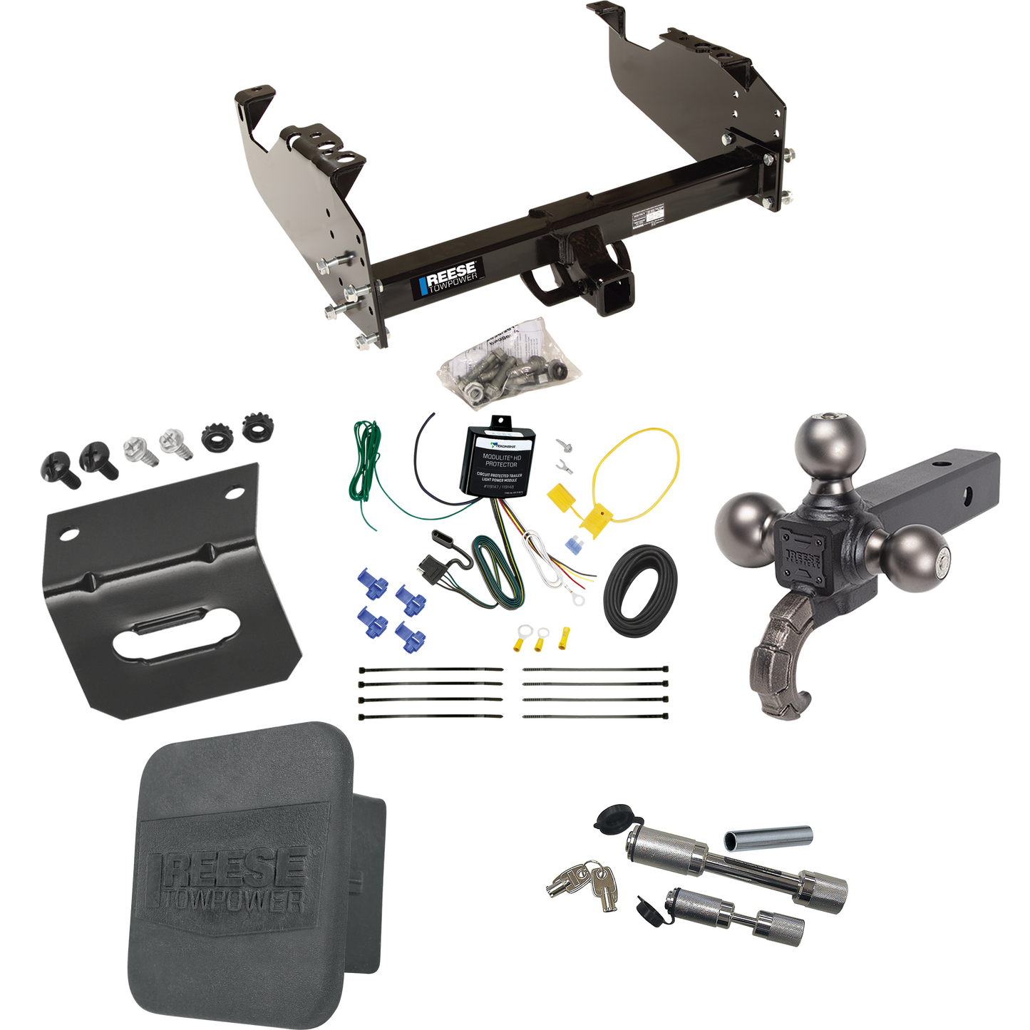 Fits 2007-2023 GMC Sierra 3500 HD Trailer Hitch Tow PKG w/ 4-Flat Wiring Harness + Triple Ball Ball Mount 1-7/8" & 2" & 2-5/16" Trailer Balls w/ Tow Hook + Dual Hitch & Coupler Locks + Hitch Cover + Wiring Bracket (For Cab & Chassis, w/34" Wide Frame