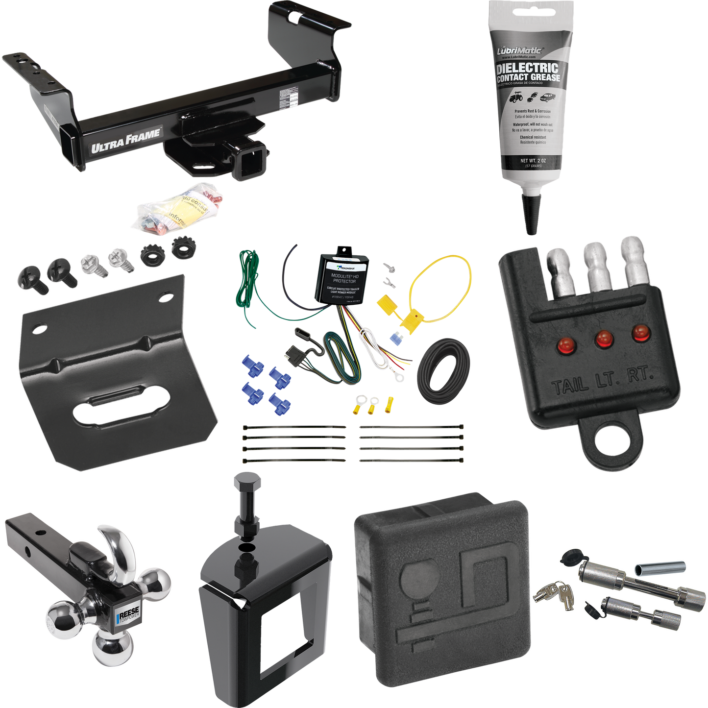 Fits 2007-2024 GMC Sierra 3500 HD Trailer Hitch Tow PKG w/ 4-Flat Wiring Harness + Triple Ball Ball Mount 1-7/8" & 2" & 2-5/16" Trailer Balls w/ Tow Hook + Dual Hitch & Coupler Locks + Hitch Cover + Wiring Bracket + Wiring Tester + Electric Grease +