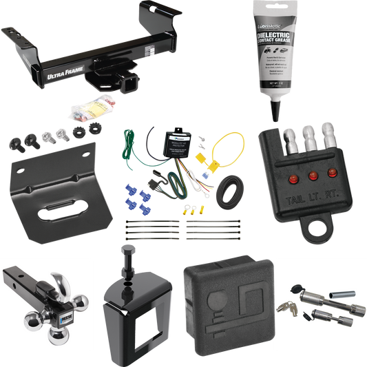 Fits 2007-2024 GMC Sierra 3500 HD Trailer Hitch Tow PKG w/ 4-Flat Wiring Harness + Triple Ball Ball Mount 1-7/8" & 2" & 2-5/16" Trailer Balls w/ Tow Hook + Dual Hitch & Coupler Locks + Hitch Cover + Wiring Bracket + Wiring Tester + Electric Grease +