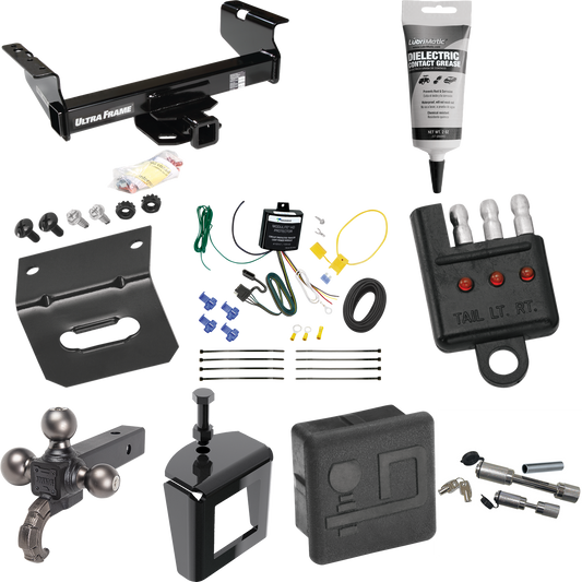 Fits 2007-2024 GMC Sierra 3500 HD Trailer Hitch Tow PKG w/ 4-Flat Wiring Harness + Triple Ball Ball Mount 1-7/8" & 2" & 2-5/16" Trailer Balls w/ Tow Hook + Dual Hitch & Coupler Locks + Hitch Cover + Wiring Bracket + Wiring Tester + Electric Grease +