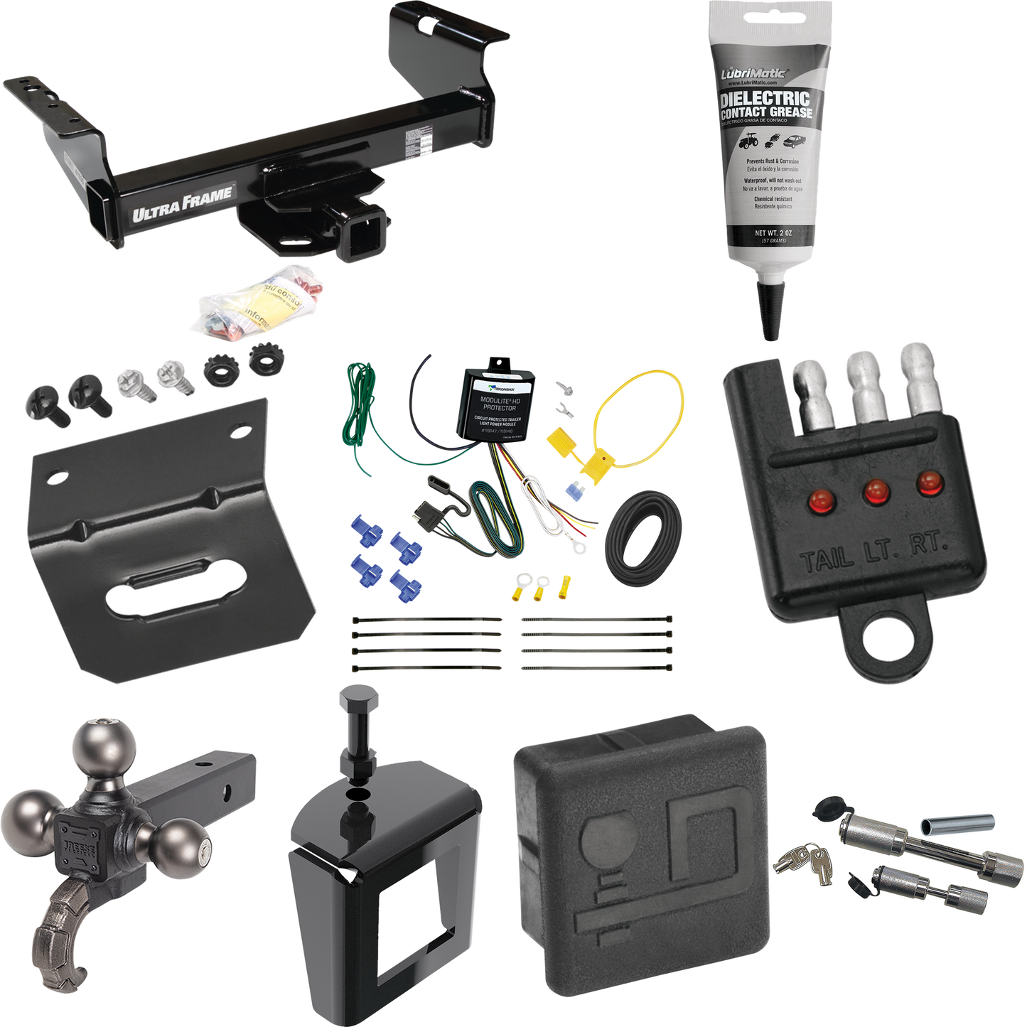 Fits 2008-2010 Dodge Ram 4500 Trailer Hitch Tow PKG w/ 4-Flat Wiring Harness + Triple Ball Ball Mount 1-7/8" & 2" & 2-5/16" Trailer Balls w/ Tow Hook + Dual Hitch & Coupler Locks + Hitch Cover + Wiring Bracket + Wiring Tester + Electric Grease + Anti