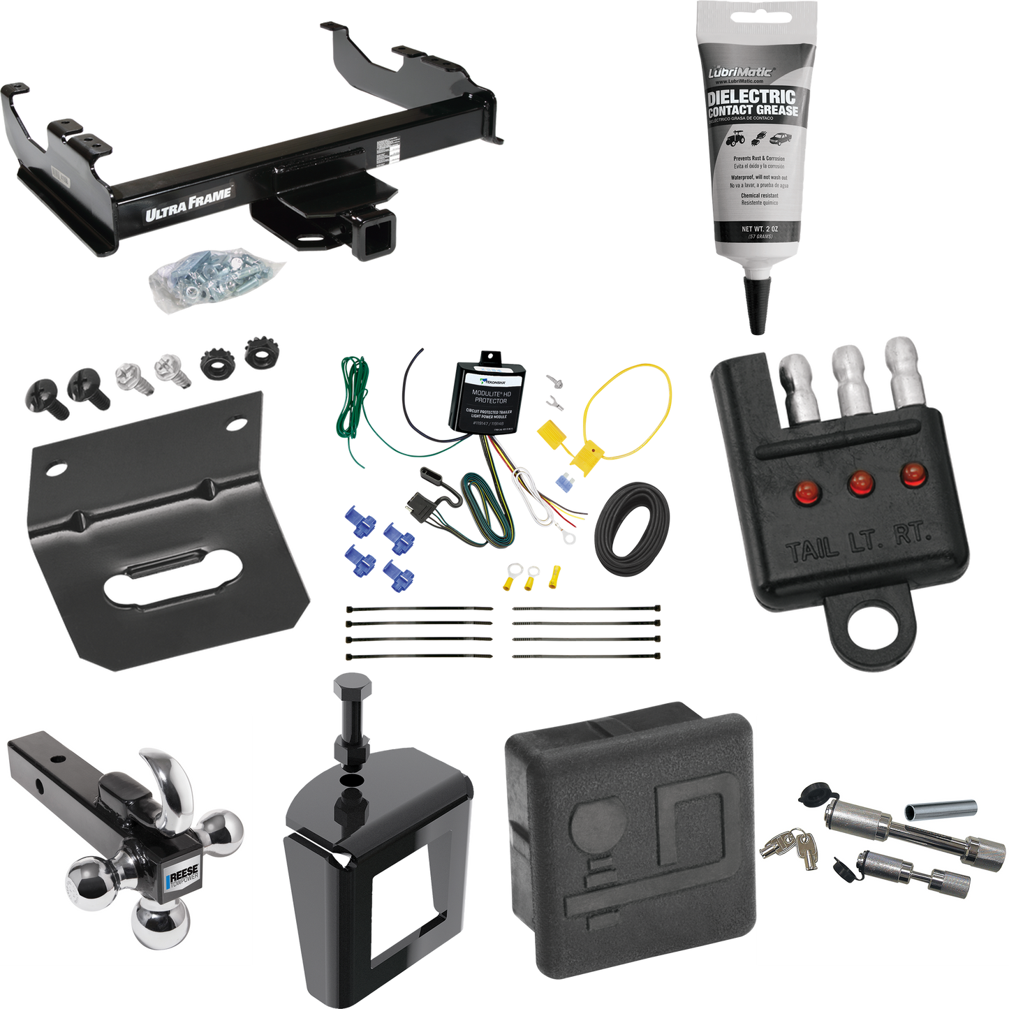 Fits 2007-2023 GMC Sierra 3500 HD Trailer Hitch Tow PKG w/ 4-Flat Wiring Harness + Triple Ball Ball Mount 1-7/8" & 2" & 2-5/16" Trailer Balls w/ Tow Hook + Dual Hitch & Coupler Locks + Hitch Cover + Wiring Bracket + Wiring Tester + Electric Grease +