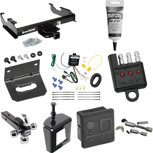 Fits 2007-2023 GMC Sierra 3500 HD Trailer Hitch Tow PKG w/ 4-Flat Wiring Harness + Triple Ball Ball Mount 1-7/8" & 2" & 2-5/16" Trailer Balls w/ Tow Hook + Dual Hitch & Coupler Locks + Hitch Cover + Wiring Bracket + Wiring Tester + Electric Grease +