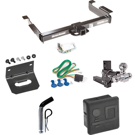 Fits 1996-1999 Chevrolet Express 2500 Trailer Hitch Tow PKG w/ 4-Flat Wiring Harness + Adjustable Drop Rise Triple Ball Ball Mount 1-7/8" & 2" & 2-5/16" Trailer Balls + Pin/Clip + Hitch Cover + Wiring Bracket By Draw-Tite