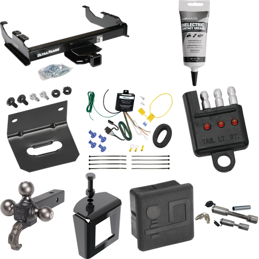 Fits 2007-2023 GMC Sierra 3500 HD Trailer Hitch Tow PKG w/ 4-Flat Wiring Harness + Triple Ball Ball Mount 1-7/8" & 2" & 2-5/16" Trailer Balls w/ Tow Hook + Dual Hitch & Coupler Locks + Hitch Cover + Wiring Bracket + Wiring Tester + Electric Grease +