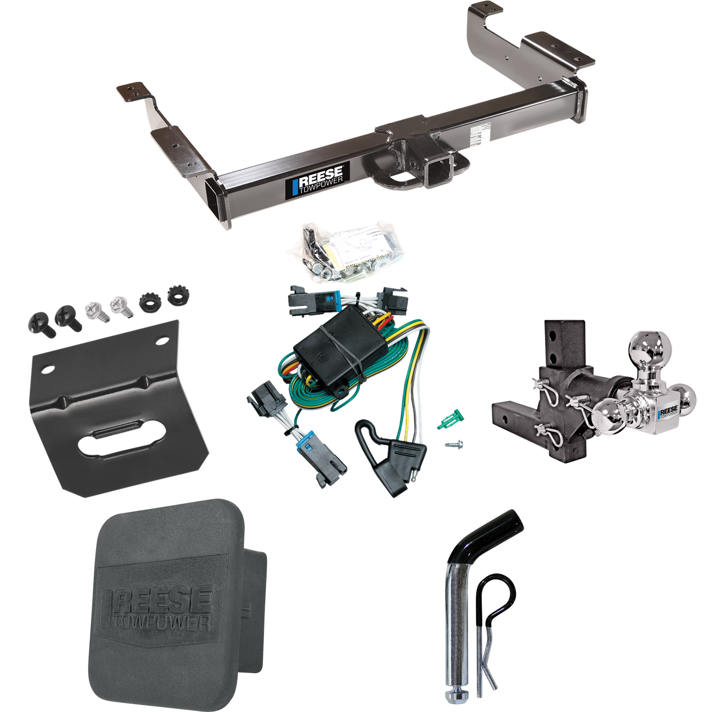 Fits 2000-2002 Chevrolet Express 2500 Trailer Hitch Tow PKG w/ 4-Flat Wiring Harness + Adjustable Drop Rise Triple Ball Ball Mount 1-7/8" & 2" & 2-5/16" Trailer Balls + Pin/Clip + Hitch Cover + Wiring Bracket By Reese Towpower