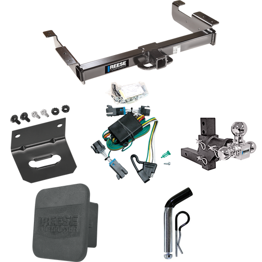 Fits 2000-2002 Chevrolet Express 2500 Trailer Hitch Tow PKG w/ 4-Flat Wiring Harness + Adjustable Drop Rise Triple Ball Ball Mount 1-7/8" & 2" & 2-5/16" Trailer Balls + Pin/Clip + Hitch Cover + Wiring Bracket By Reese Towpower