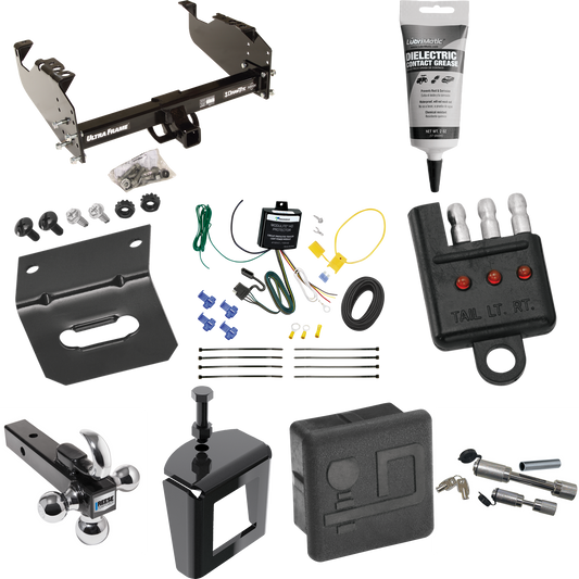 Fits 2007-2024 GMC Sierra 3500 HD Trailer Hitch Tow PKG w/ 4-Flat Wiring Harness + Triple Ball Ball Mount 1-7/8" & 2" & 2-5/16" Trailer Balls w/ Tow Hook + Dual Hitch & Coupler Locks + Hitch Cover + Wiring Bracket + Wiring Tester + Electric Grease +