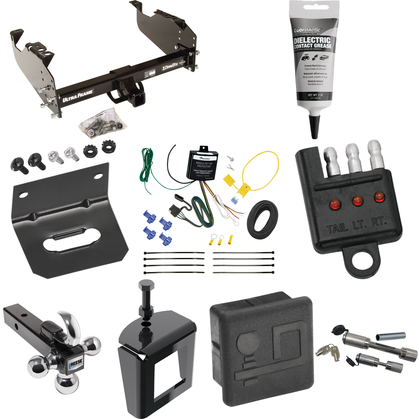 Fits 2008-2010 Dodge Ram 4500 Trailer Hitch Tow PKG w/ 4-Flat Wiring Harness + Triple Ball Ball Mount 1-7/8" & 2" & 2-5/16" Trailer Balls w/ Tow Hook + Dual Hitch & Coupler Locks + Hitch Cover + Wiring Bracket + Wiring Tester + Electric Grease + Anti