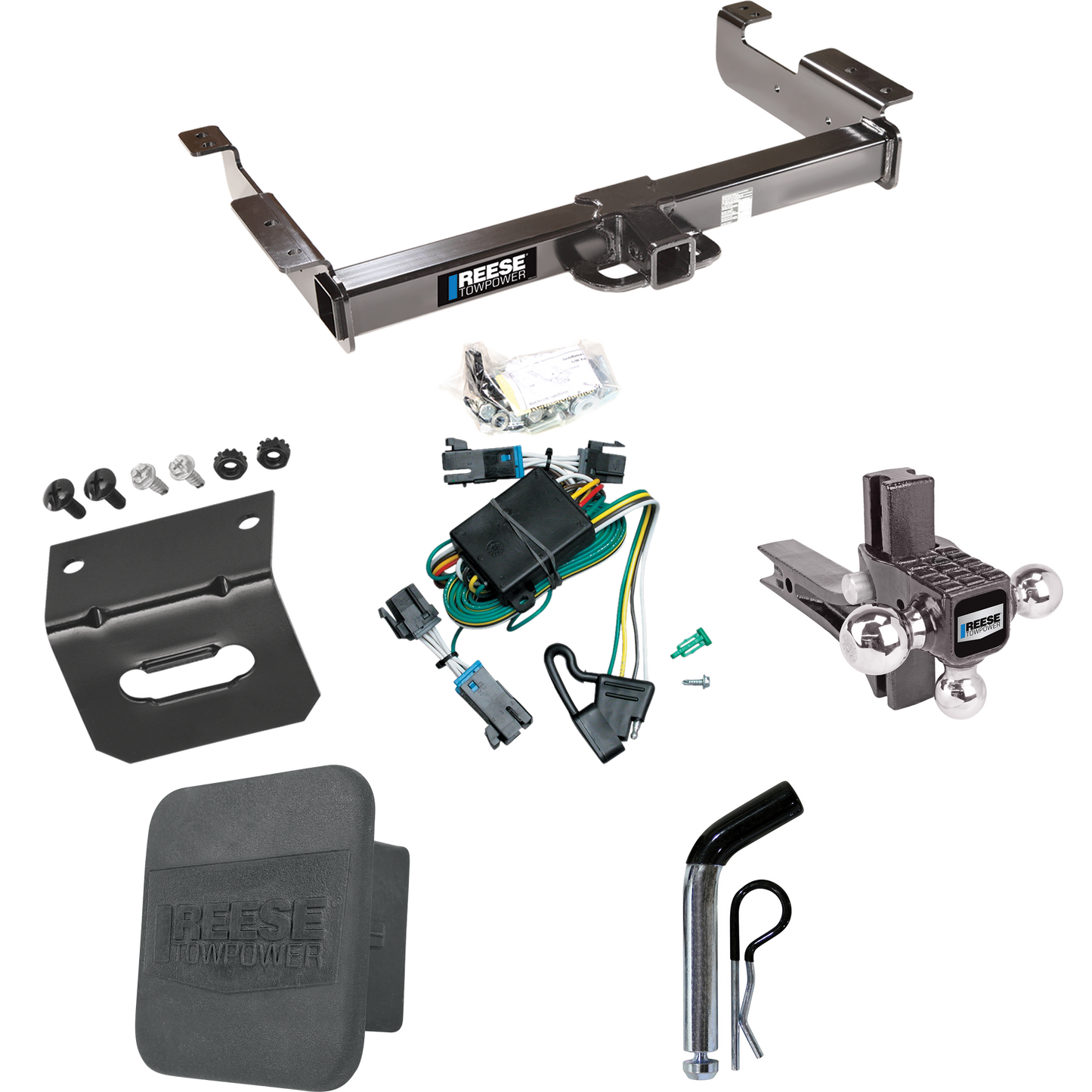 Fits 2000-2002 GMC Savana 2500 Trailer Hitch Tow PKG w/ 4-Flat Wiring Harness + Adjustable Drop Rise Triple Ball Ball Mount 1-7/8" & 2" & 2-5/16" Trailer Balls + Pin/Clip + Hitch Cover + Wiring Bracket By Reese Towpower