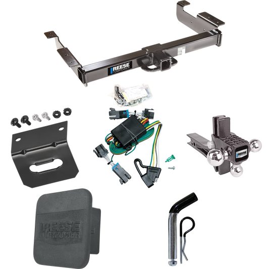 Fits 2000-2002 GMC Savana 2500 Trailer Hitch Tow PKG w/ 4-Flat Wiring Harness + Adjustable Drop Rise Triple Ball Ball Mount 1-7/8" & 2" & 2-5/16" Trailer Balls + Pin/Clip + Hitch Cover + Wiring Bracket By Reese Towpower