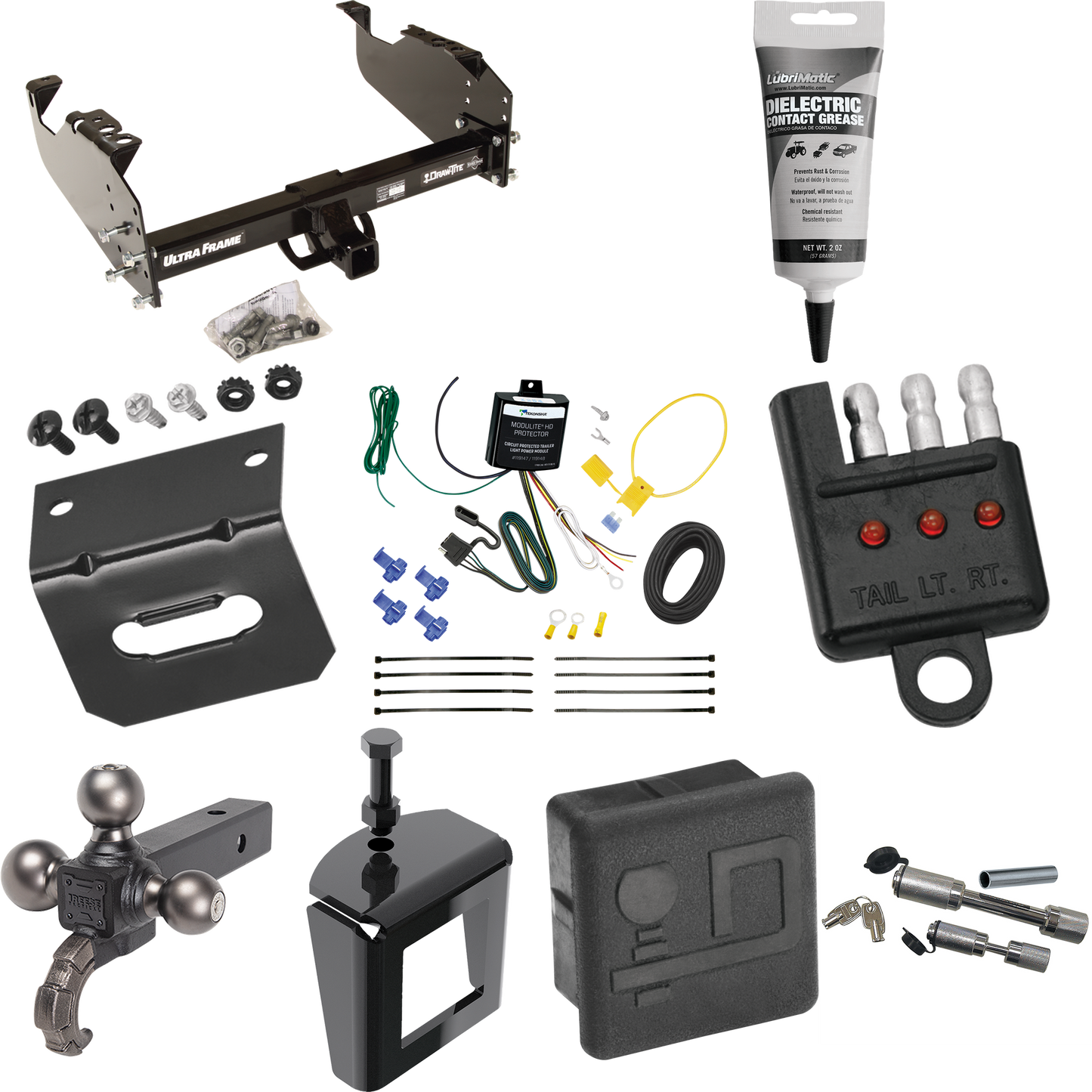 Fits 2007-2024 GMC Sierra 3500 HD Trailer Hitch Tow PKG w/ 4-Flat Wiring Harness + Triple Ball Ball Mount 1-7/8" & 2" & 2-5/16" Trailer Balls w/ Tow Hook + Dual Hitch & Coupler Locks + Hitch Cover + Wiring Bracket + Wiring Tester + Electric Grease +