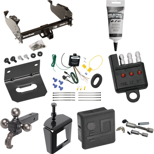 Fits 2007-2024 GMC Sierra 3500 HD Trailer Hitch Tow PKG w/ 4-Flat Wiring Harness + Triple Ball Ball Mount 1-7/8" & 2" & 2-5/16" Trailer Balls w/ Tow Hook + Dual Hitch & Coupler Locks + Hitch Cover + Wiring Bracket + Wiring Tester + Electric Grease +