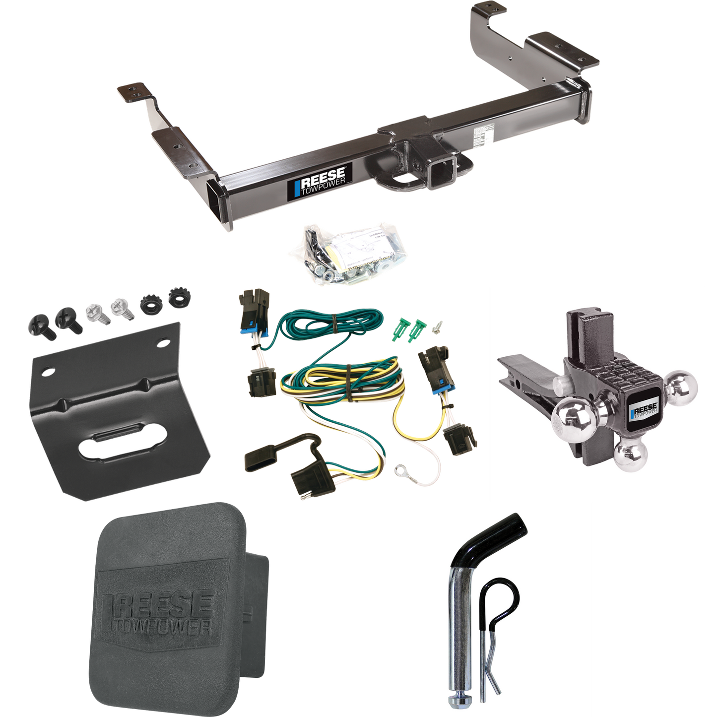 Fits 2003-2023 Chevrolet Express 3500 Trailer Hitch Tow PKG w/ 4-Flat Wiring Harness + Adjustable Drop Rise Triple Ball Ball Mount 1-7/8" & 2" & 2-5/16" Trailer Balls + Pin/Clip + Hitch Cover + Wiring Bracket By Reese Towpower