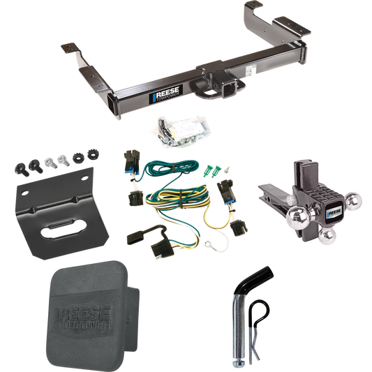 Fits 2003-2023 Chevrolet Express 3500 Trailer Hitch Tow PKG w/ 4-Flat Wiring Harness + Adjustable Drop Rise Triple Ball Ball Mount 1-7/8" & 2" & 2-5/16" Trailer Balls + Pin/Clip + Hitch Cover + Wiring Bracket By Reese Towpower