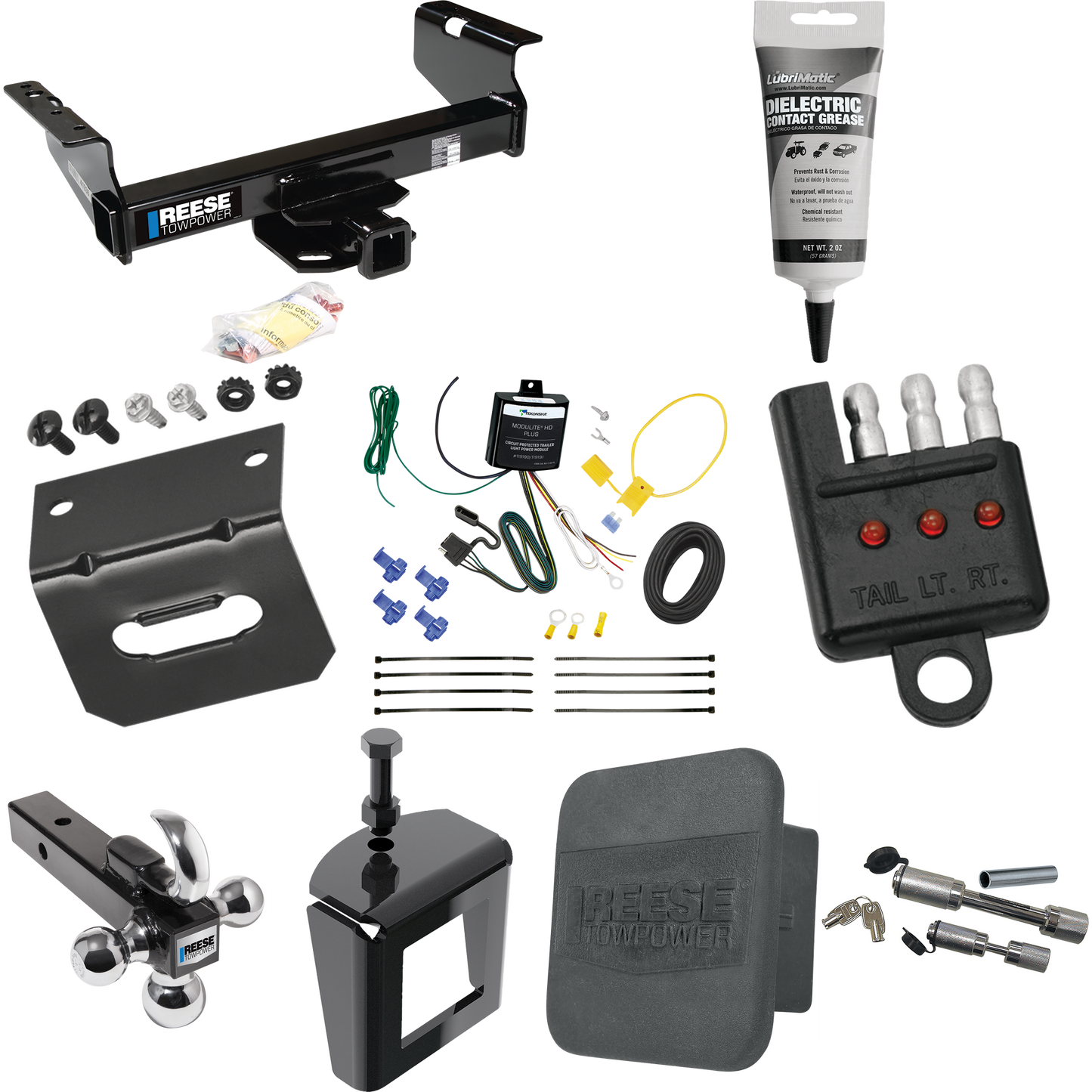 Fits 2007-2023 GMC Sierra 3500 HD Trailer Hitch Tow PKG w/ 4-Flat Wiring Harness + Triple Ball Ball Mount 1-7/8" & 2" & 2-5/16" Trailer Balls w/ Tow Hook + Dual Hitch & Coupler Locks + Hitch Cover + Wiring Bracket + Wiring Tester + Electric Grease +