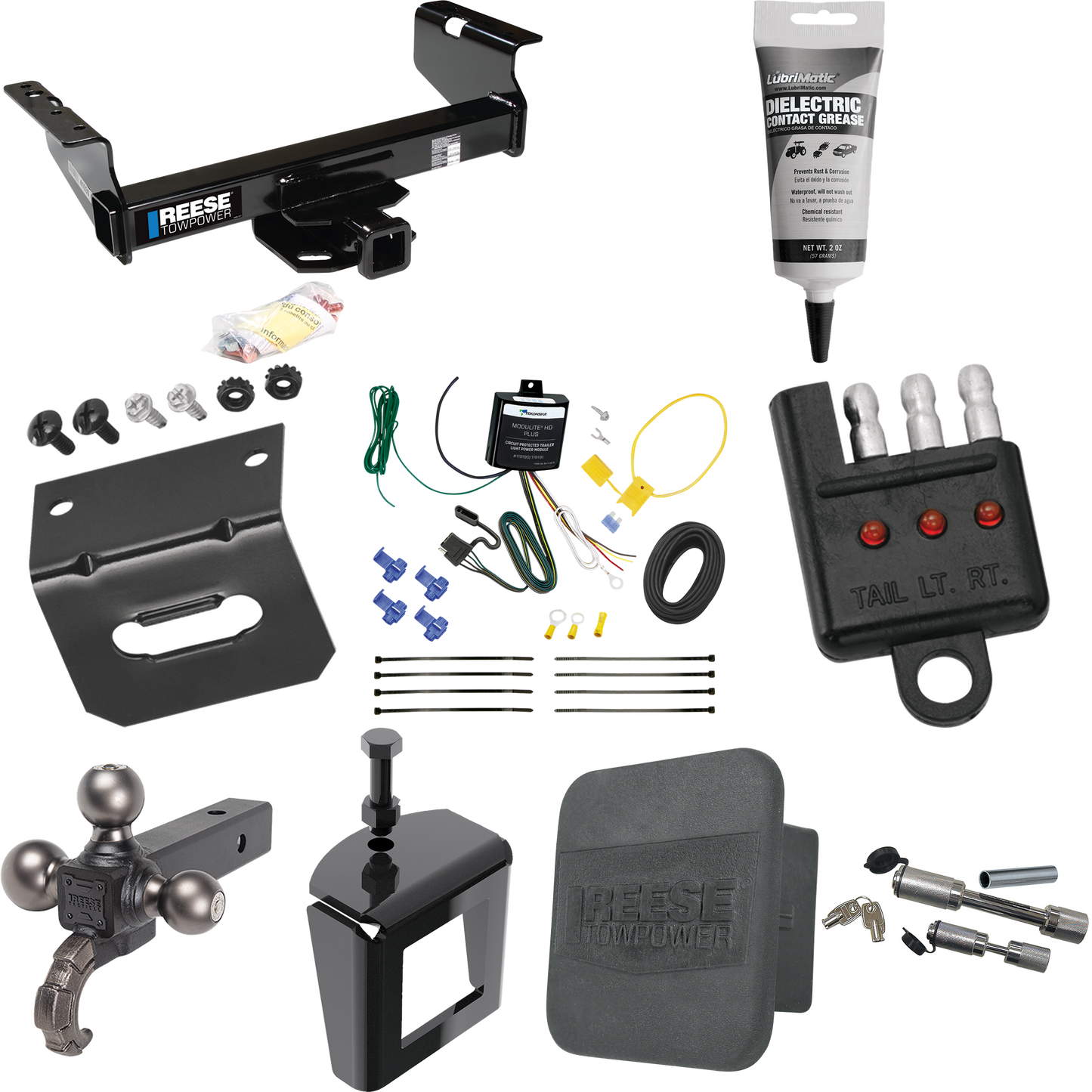 Fits 2007-2023 GMC Sierra 3500 HD Trailer Hitch Tow PKG w/ 4-Flat Wiring Harness + Triple Ball Ball Mount 1-7/8" & 2" & 2-5/16" Trailer Balls w/ Tow Hook + Dual Hitch & Coupler Locks + Hitch Cover + Wiring Bracket + Wiring Tester + Electric Grease +