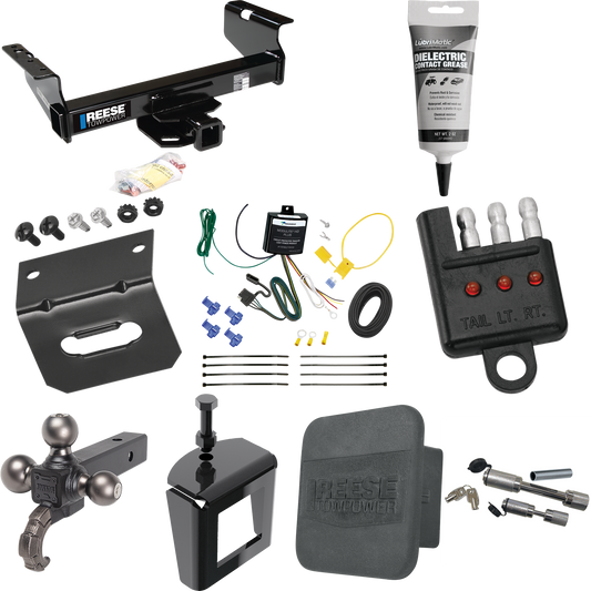 Fits 2007-2023 GMC Sierra 3500 HD Trailer Hitch Tow PKG w/ 4-Flat Wiring Harness + Triple Ball Ball Mount 1-7/8" & 2" & 2-5/16" Trailer Balls w/ Tow Hook + Dual Hitch & Coupler Locks + Hitch Cover + Wiring Bracket + Wiring Tester + Electric Grease +