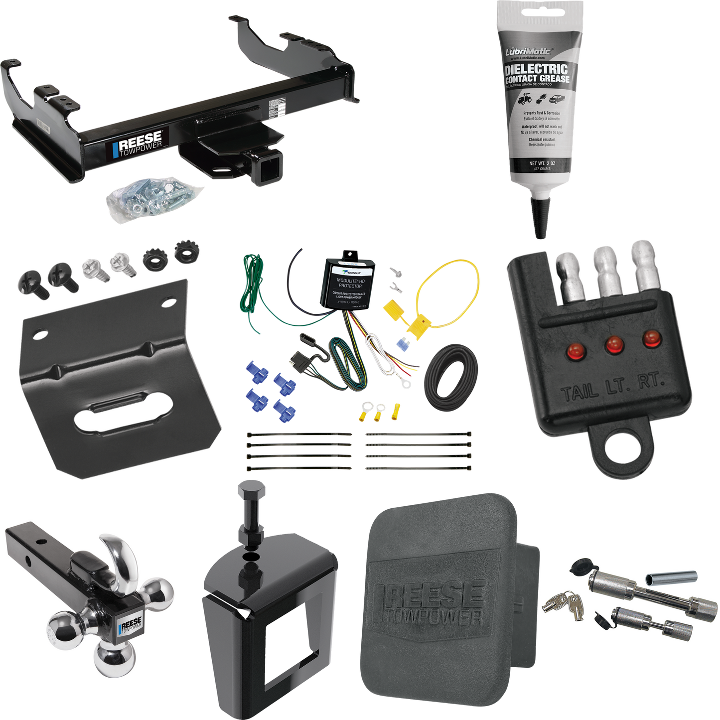 Fits 2007-2023 GMC Sierra 3500 HD Trailer Hitch Tow PKG w/ 4-Flat Wiring Harness + Triple Ball Ball Mount 1-7/8" & 2" & 2-5/16" Trailer Balls w/ Tow Hook + Dual Hitch & Coupler Locks + Hitch Cover + Wiring Bracket + Wiring Tester + Electric Grease +