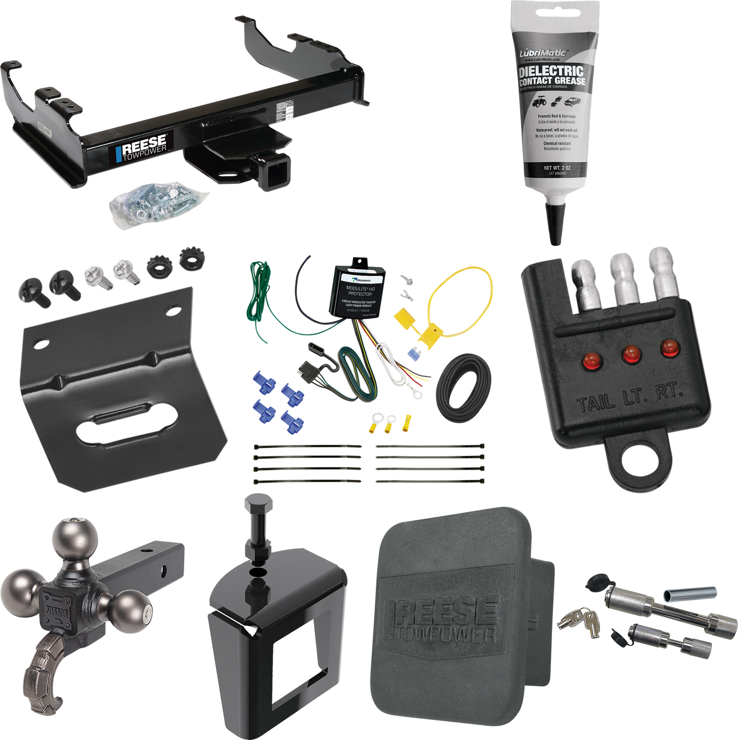 Fits 2007-2023 GMC Sierra 3500 HD Trailer Hitch Tow PKG w/ 4-Flat Wiring Harness + Triple Ball Ball Mount 1-7/8" & 2" & 2-5/16" Trailer Balls w/ Tow Hook + Dual Hitch & Coupler Locks + Hitch Cover + Wiring Bracket + Wiring Tester + Electric Grease +