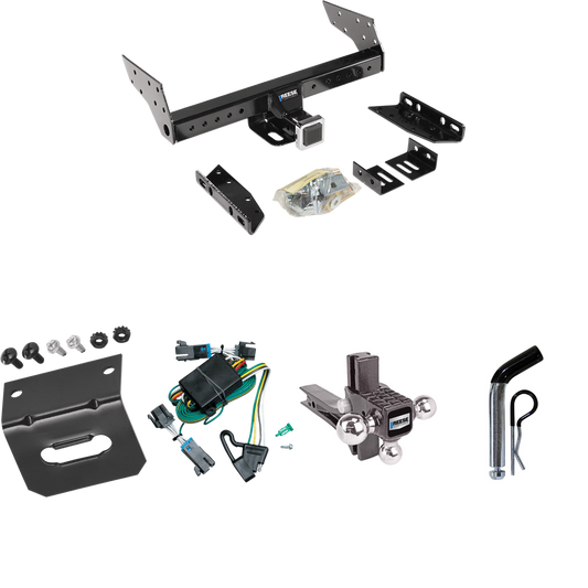 Fits 2000-2002 GMC Savana 3500 Trailer Hitch Tow PKG w/ 4-Flat Wiring Harness + Adjustable Drop Rise Triple Ball Ball Mount 1-7/8" & 2" & 2-5/16" Trailer Balls + Pin/Clip + Wiring Bracket By Reese Towpower