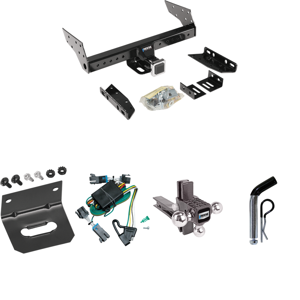 Fits 2000-2002 Chevrolet Express 1500 Trailer Hitch Tow PKG w/ 4-Flat Wiring Harness + Adjustable Drop Rise Triple Ball Ball Mount 1-7/8" & 2" & 2-5/16" Trailer Balls + Pin/Clip + Wiring Bracket By Reese Towpower