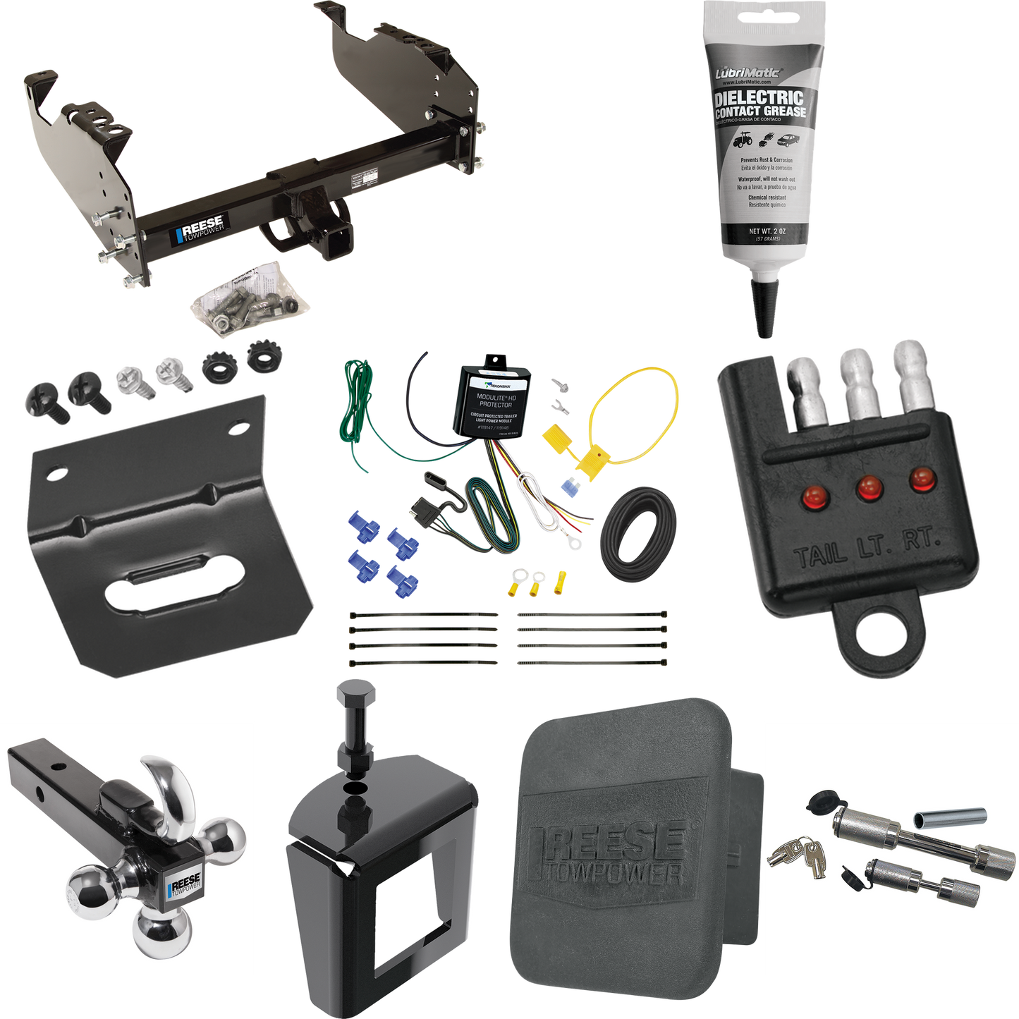 Fits 2007-2023 GMC Sierra 3500 HD Trailer Hitch Tow PKG w/ 4-Flat Wiring Harness + Triple Ball Ball Mount 1-7/8" & 2" & 2-5/16" Trailer Balls w/ Tow Hook + Dual Hitch & Coupler Locks + Hitch Cover + Wiring Bracket + Wiring Tester + Electric Grease +