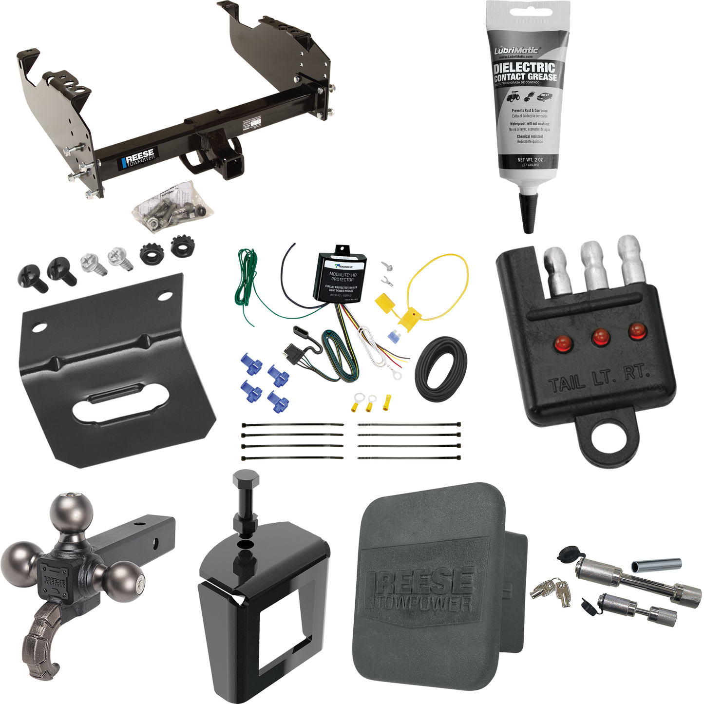 Fits 2007-2023 GMC Sierra 3500 HD Trailer Hitch Tow PKG w/ 4-Flat Wiring Harness + Triple Ball Ball Mount 1-7/8" & 2" & 2-5/16" Trailer Balls w/ Tow Hook + Dual Hitch & Coupler Locks + Hitch Cover + Wiring Bracket + Wiring Tester + Electric Grease +