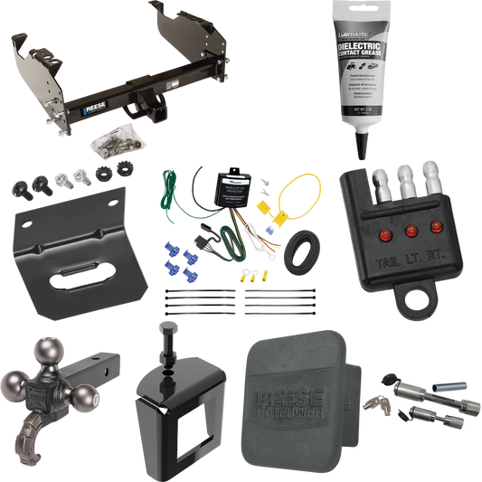 Fits 2007-2023 GMC Sierra 3500 HD Trailer Hitch Tow PKG w/ 4-Flat Wiring Harness + Triple Ball Ball Mount 1-7/8" & 2" & 2-5/16" Trailer Balls w/ Tow Hook + Dual Hitch & Coupler Locks + Hitch Cover + Wiring Bracket + Wiring Tester + Electric Grease +